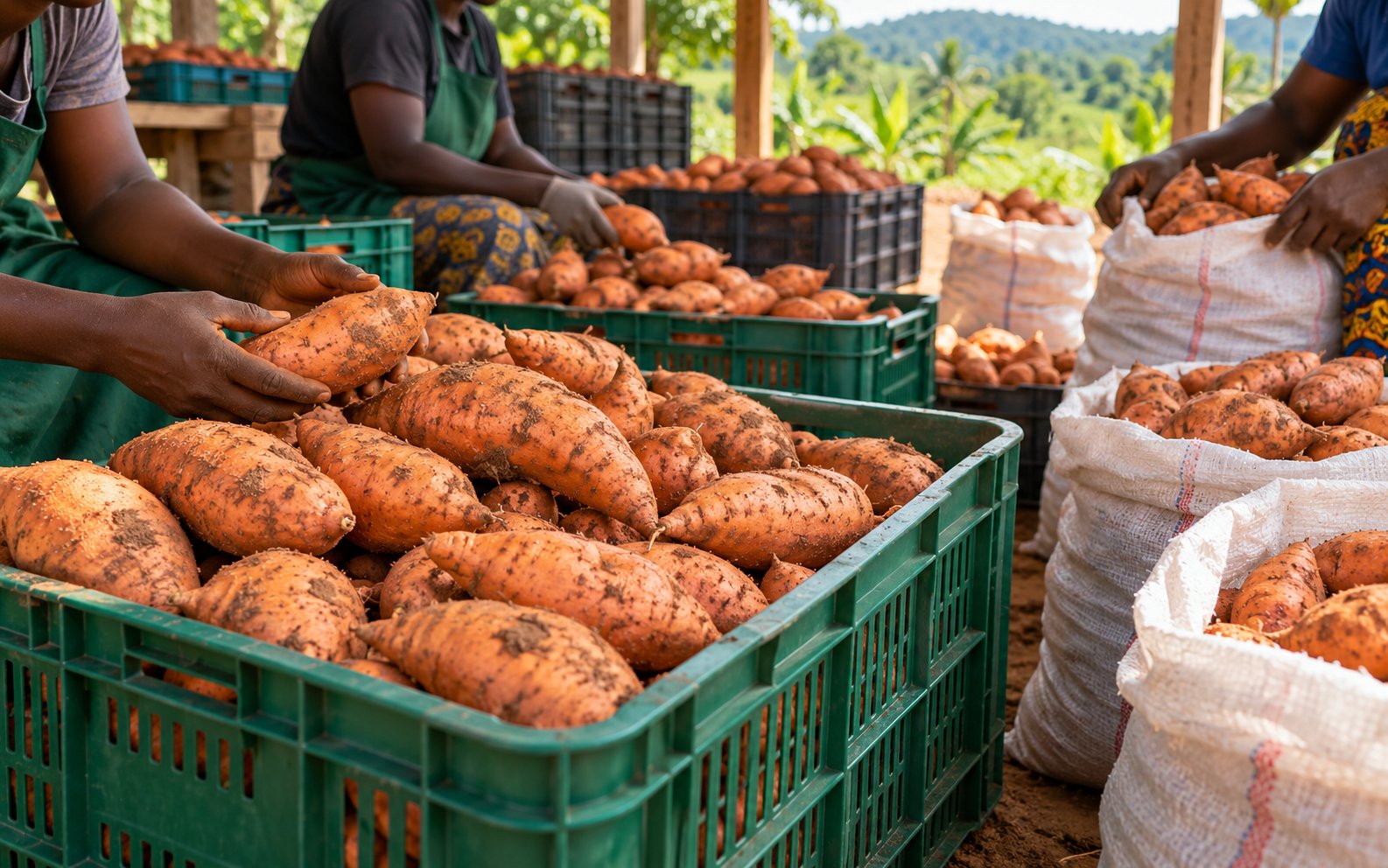 Harvested sweet potatoes sorted and packed into crates and sacks